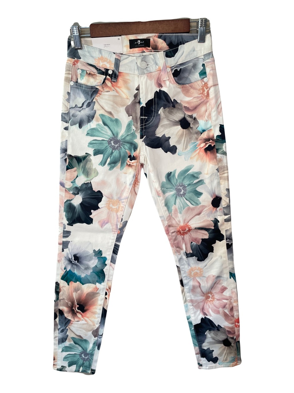 7 For All Mankind Floral Skinny Jeans - Teal, Peach, Black
